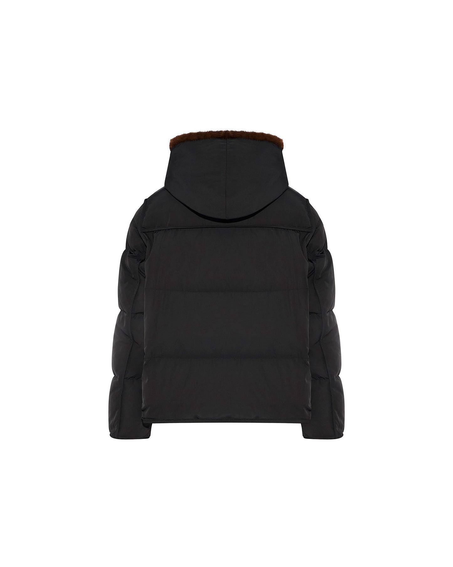 Iconic "A" line down jacke with mink fur hooded bib
