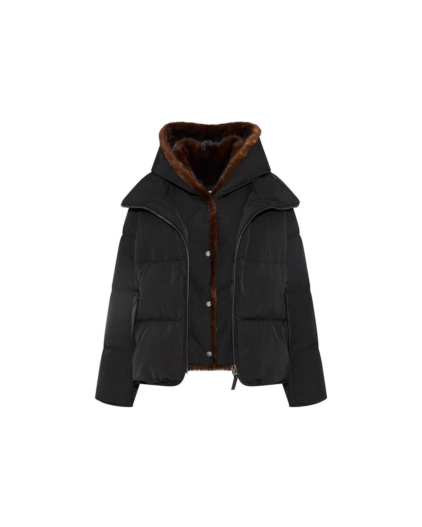 Iconic "A" line down jacke with mink fur hooded bib