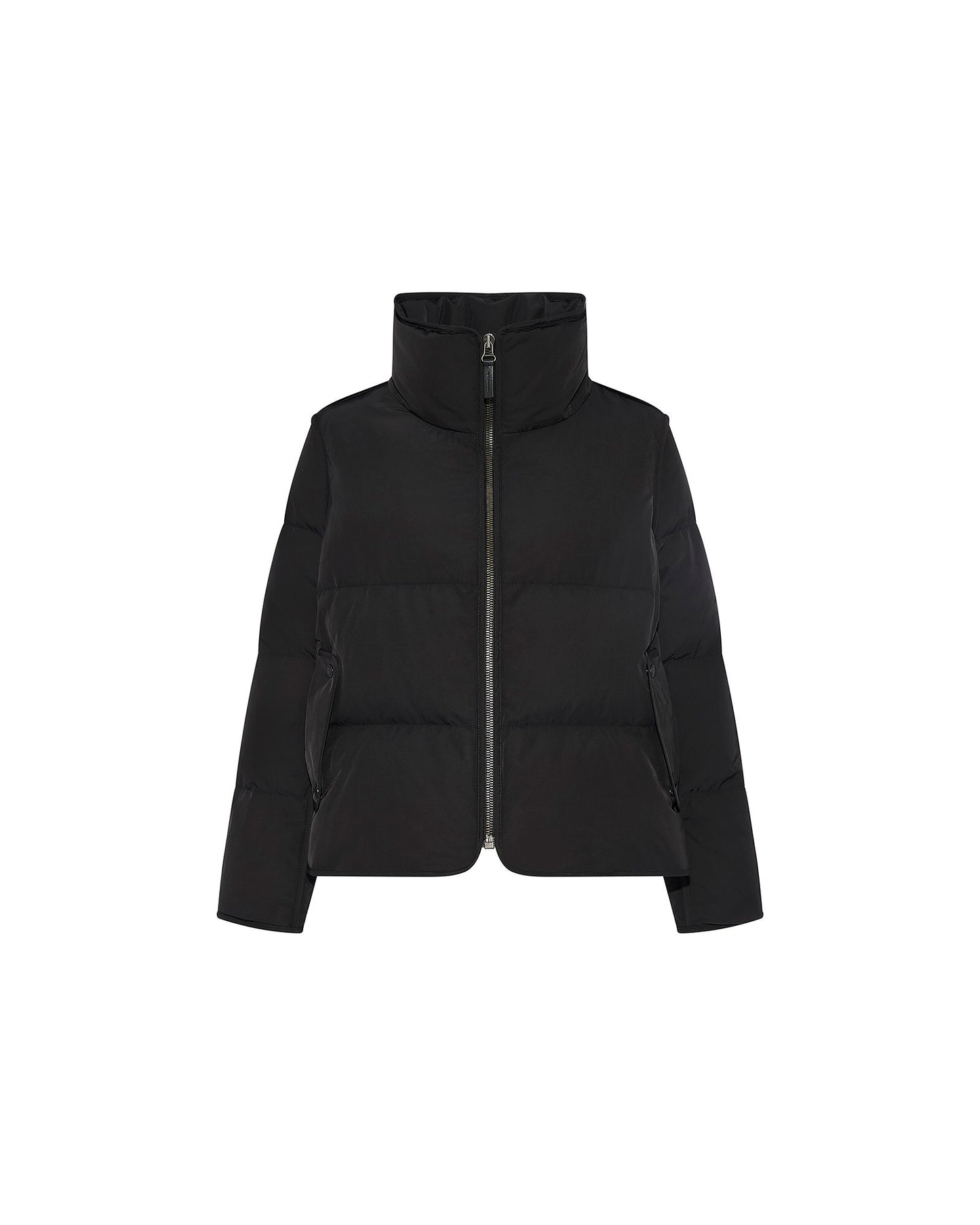 Iconic "A" line down jacke with mink fur hooded bib