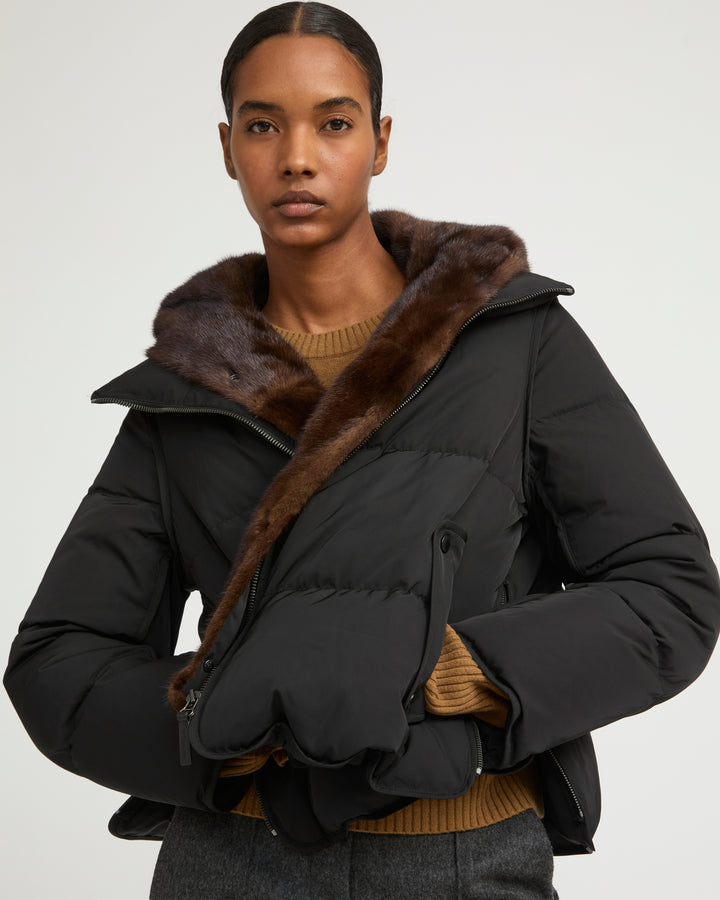 Iconic "A" line down jacke with mink fur hooded bib