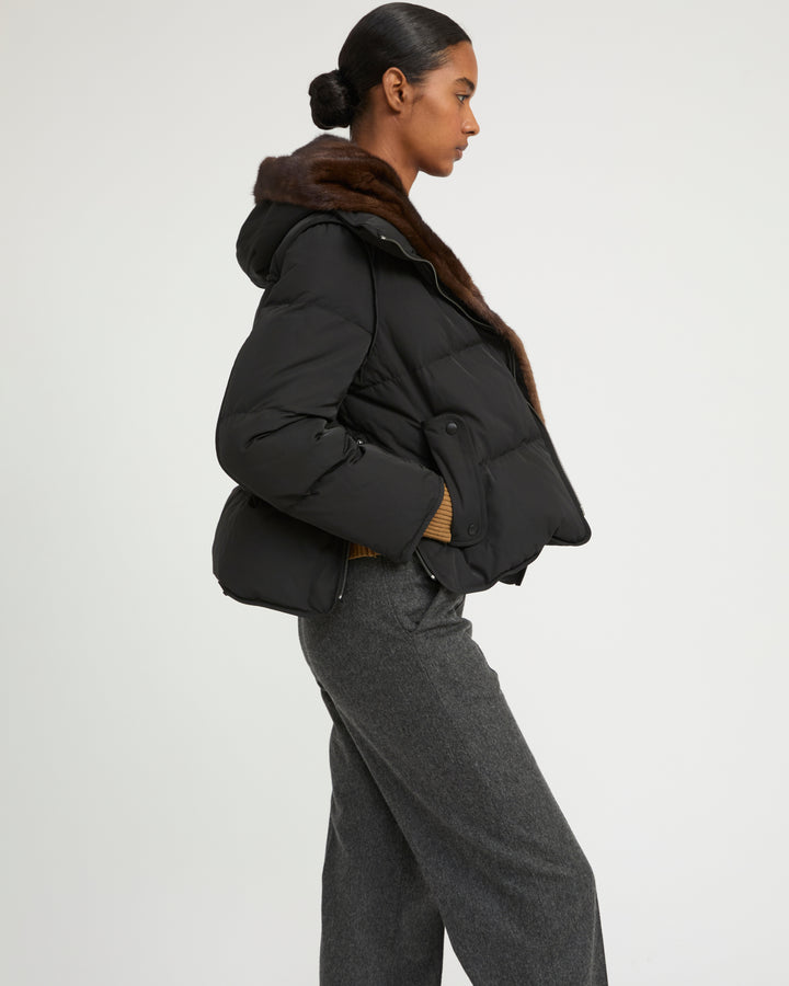 Iconic "A" line down jacke with mink fur hooded bib