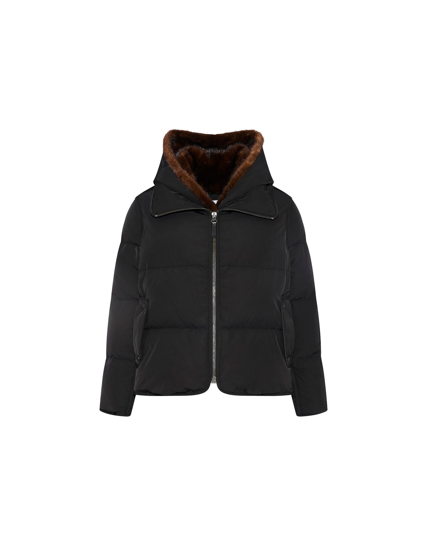 Iconic "A" line down jacke with mink fur hooded bib