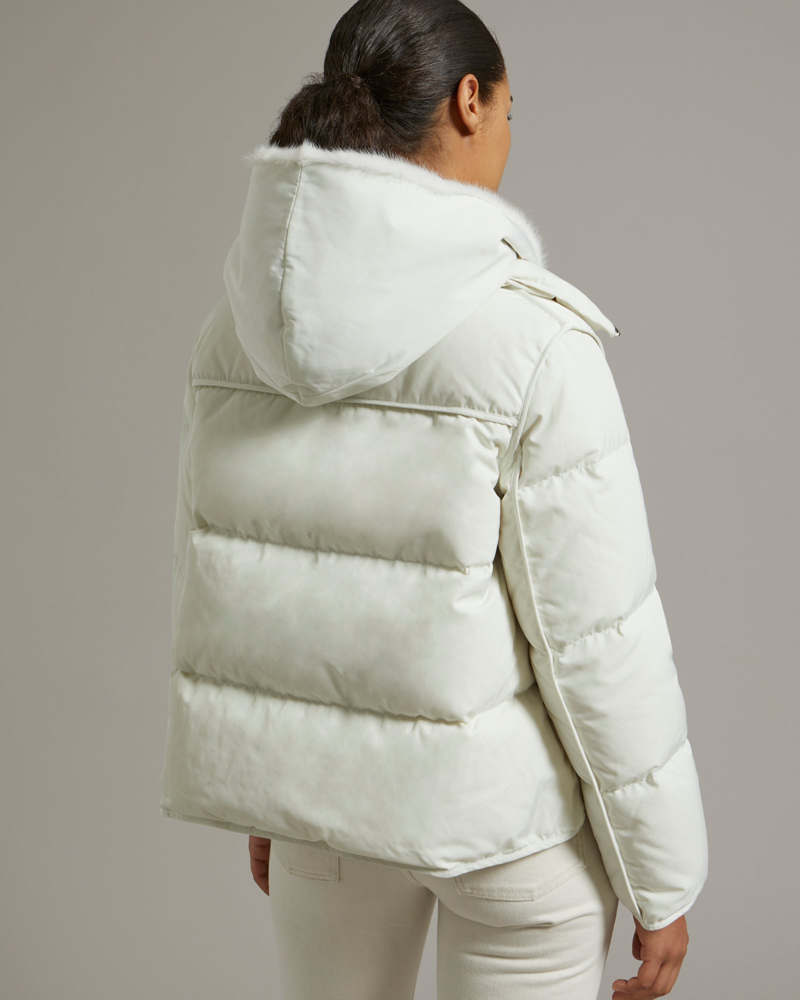 A line down jacket with mink hooded bib - white - Yves