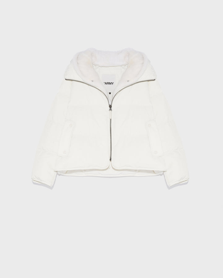 A line down jacket in technical fabric with long-haired mink hooded bib - white - Yves Salomon