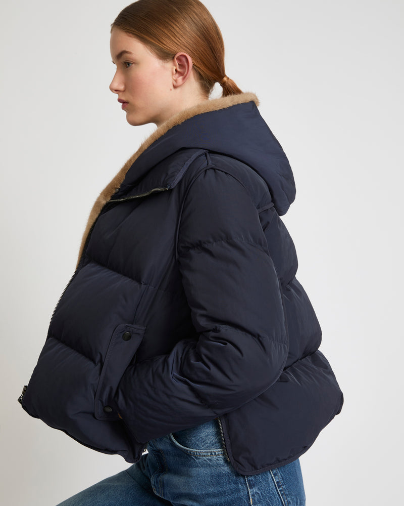 A line down jacket in technical fabric with long-haired mink hooded bib - khaki - Yves Salomon