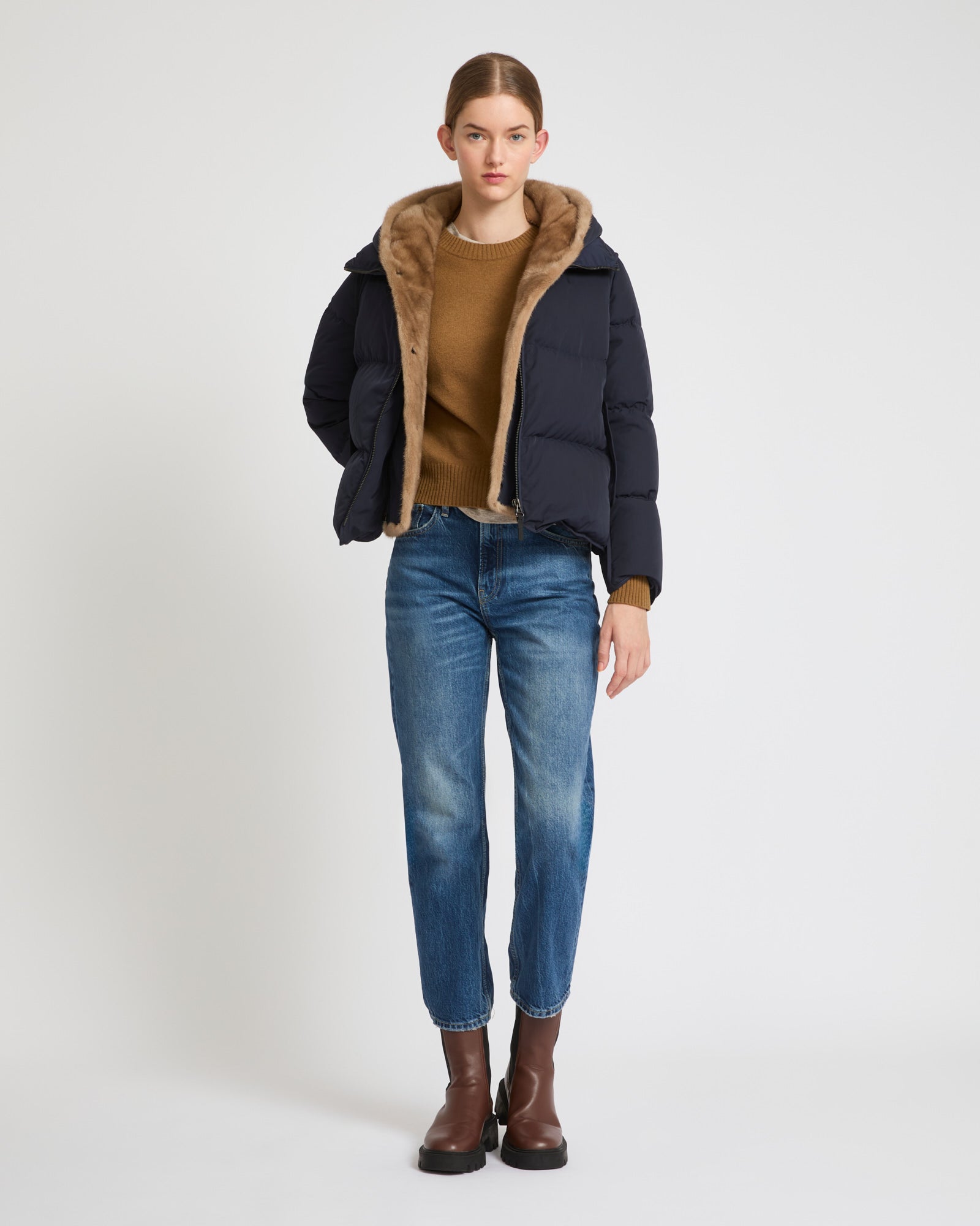 down jacket with mink hooded bib - khaki - Yves Salomon