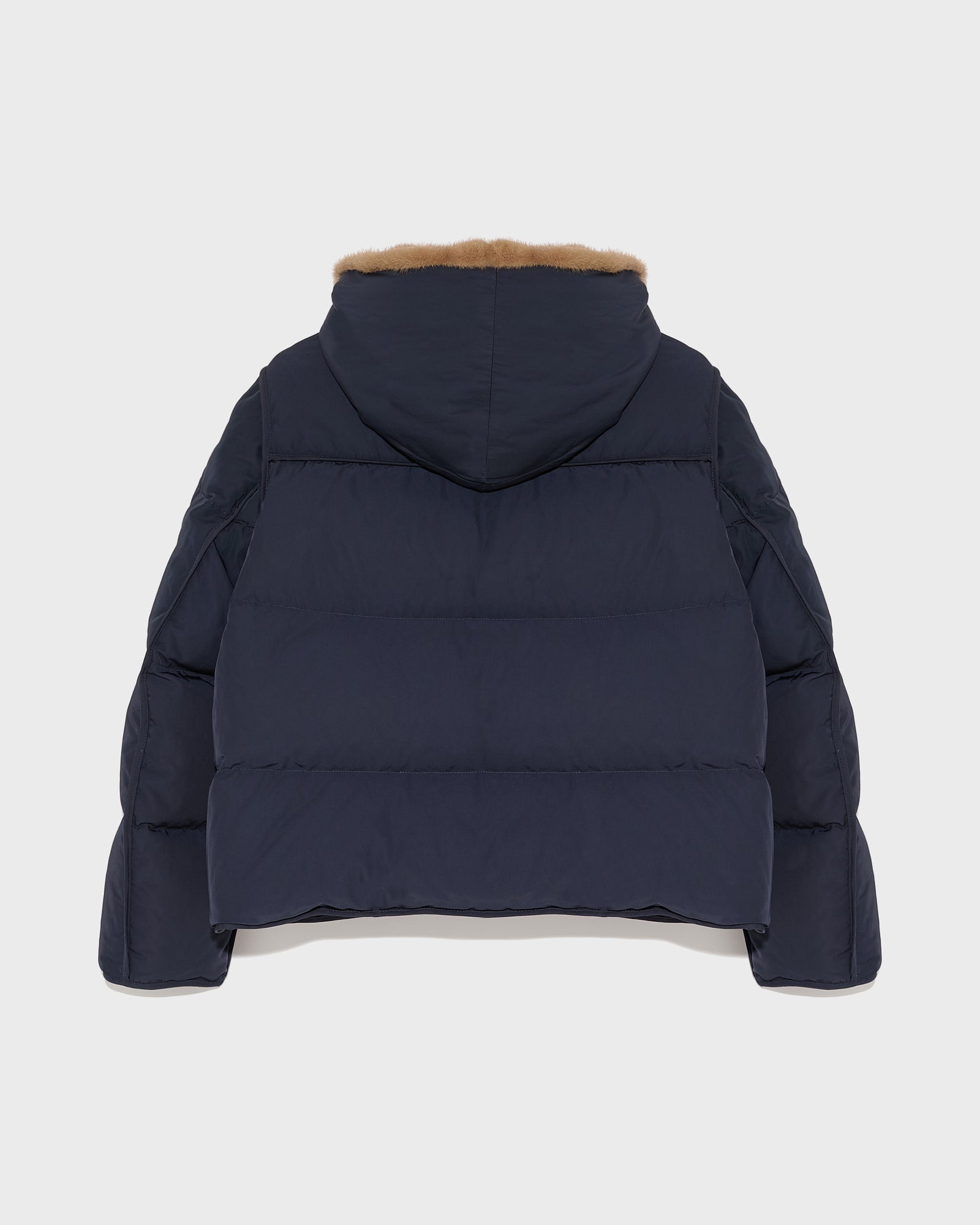 A line down jacket in technical fabric with long-haired mink hooded bib - khaki - Yves Salomon