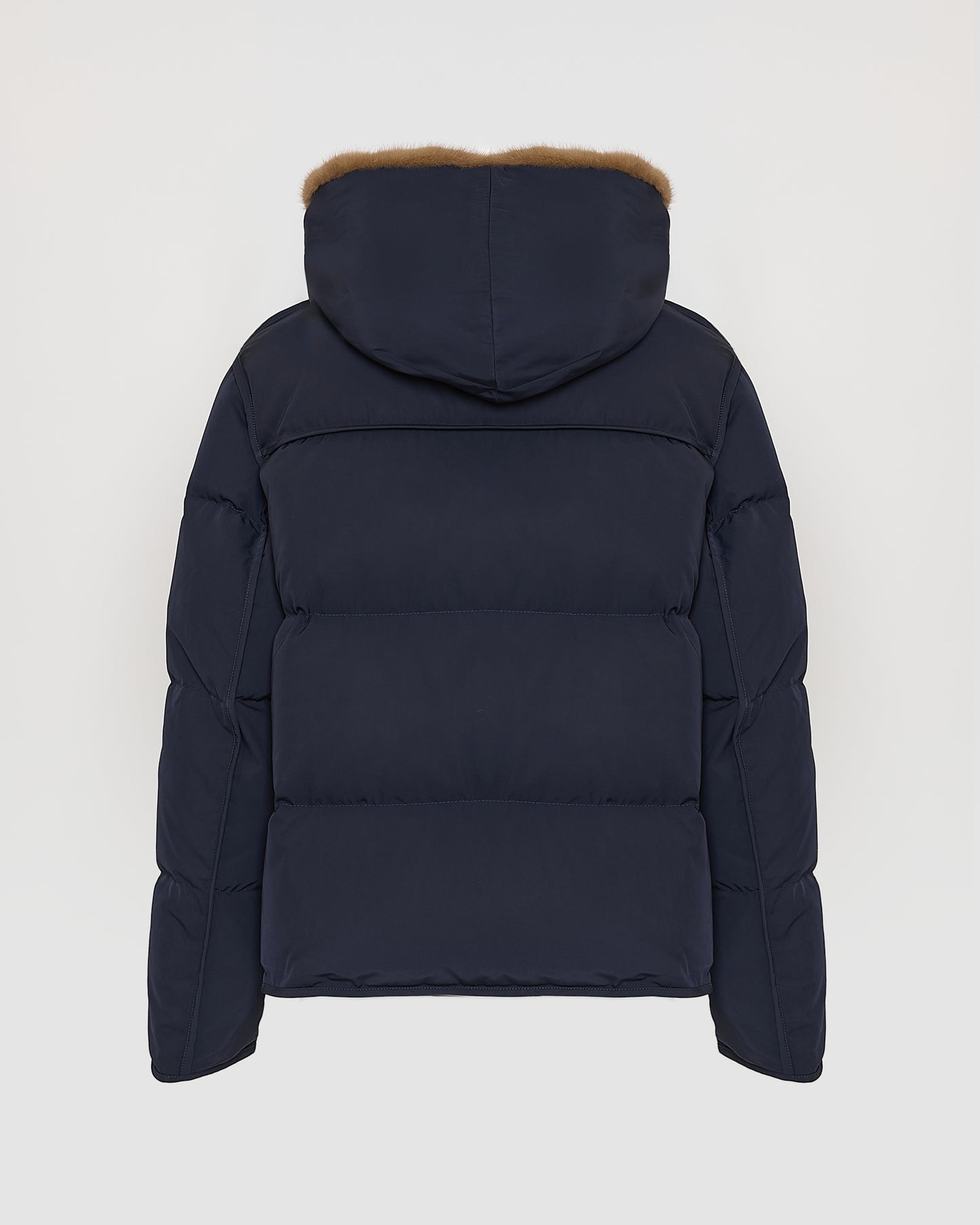 Iconic "A" line down jacke with mink fur hooded bib