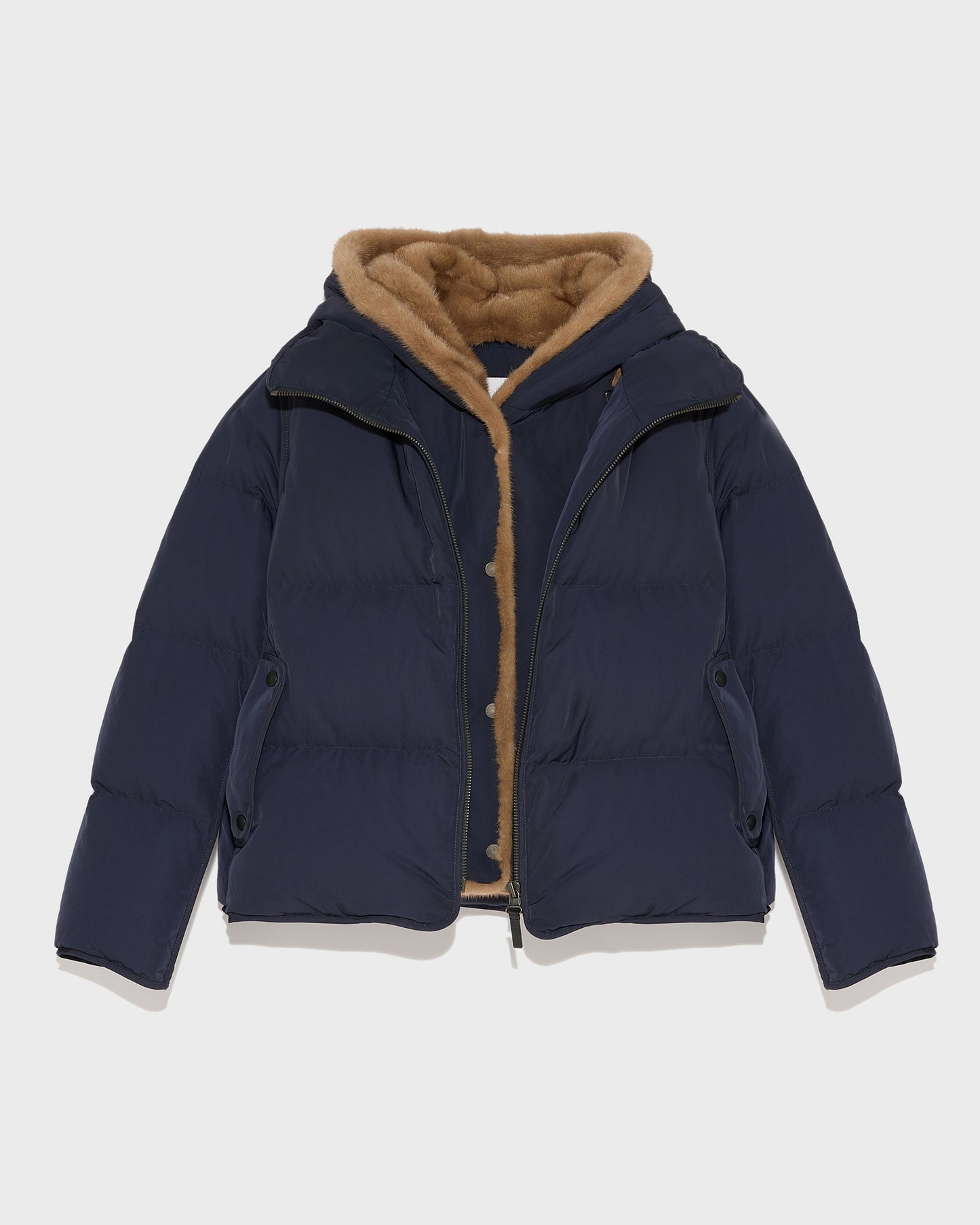 A line down jacket in technical fabric with long-haired mink hooded bib - khaki - Yves Salomon