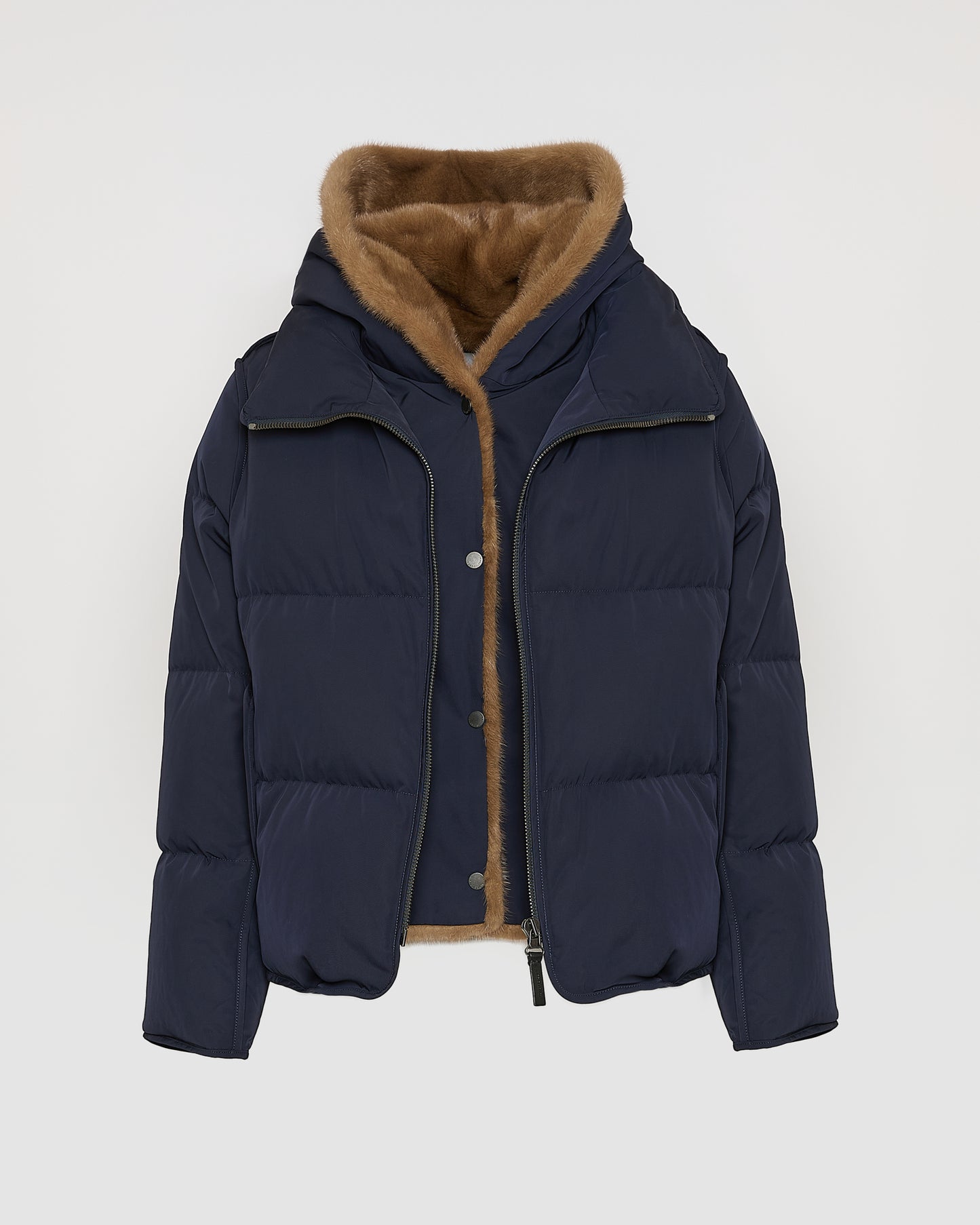 Iconic "A" line down jacke with mink fur hooded bib