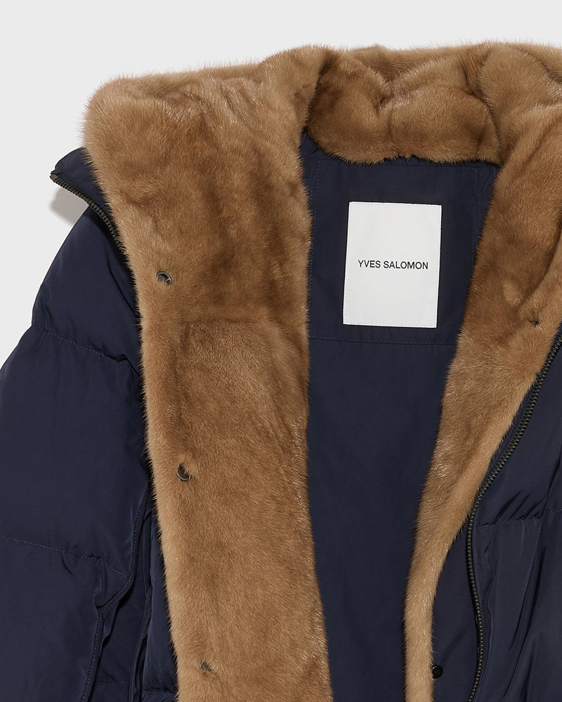 A line down jacket in technical fabric with long-haired mink hooded bib - khaki - Yves Salomon