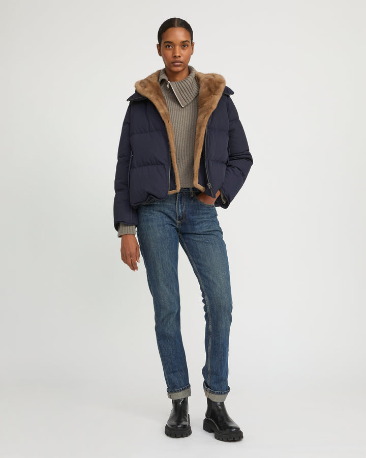 Iconic "A" line down jacke with mink fur hooded bib