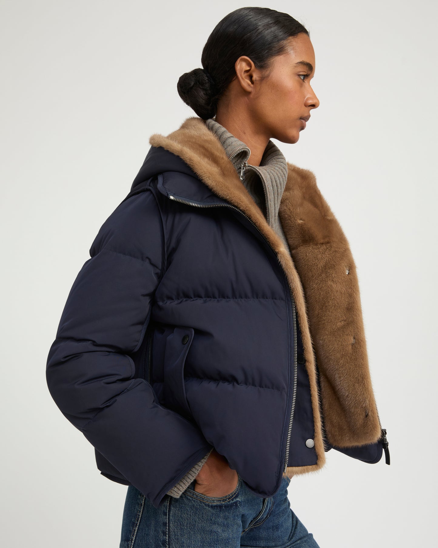 Iconic "A" line down jacke with mink fur hooded bib