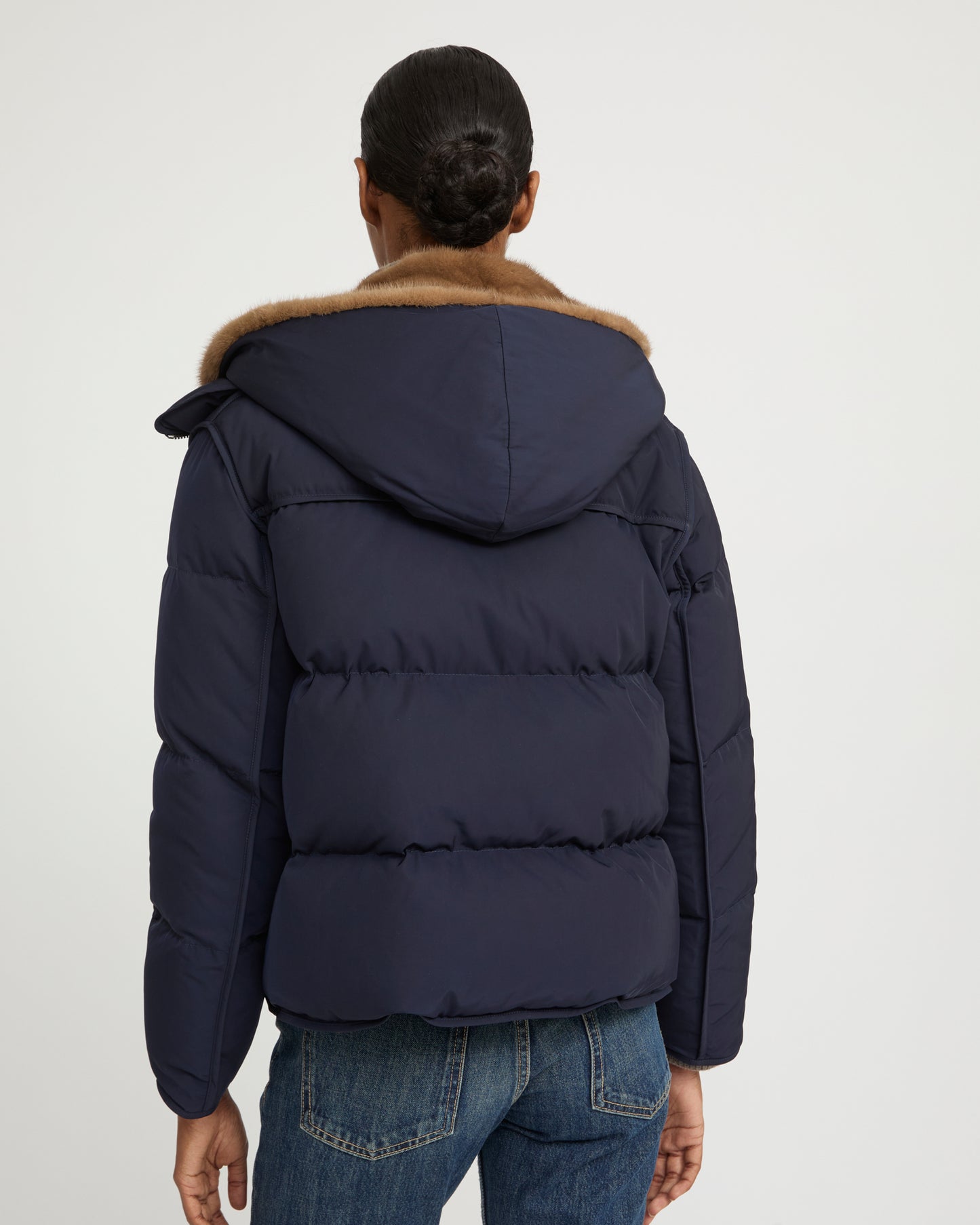 Iconic "A" line down jacke with mink fur hooded bib