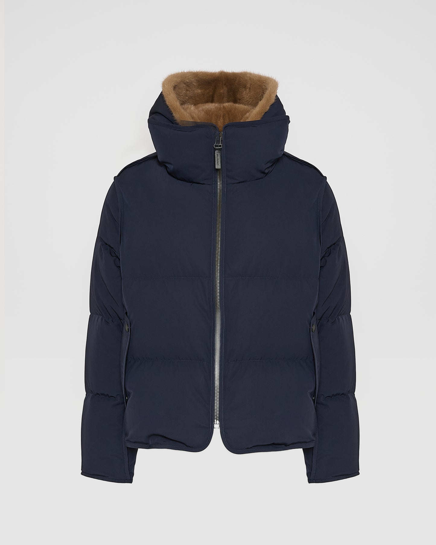 Iconic "A" line down jacke with mink fur hooded bib