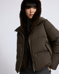 Iconic "A" line down jacket with mink fur hooded bib
