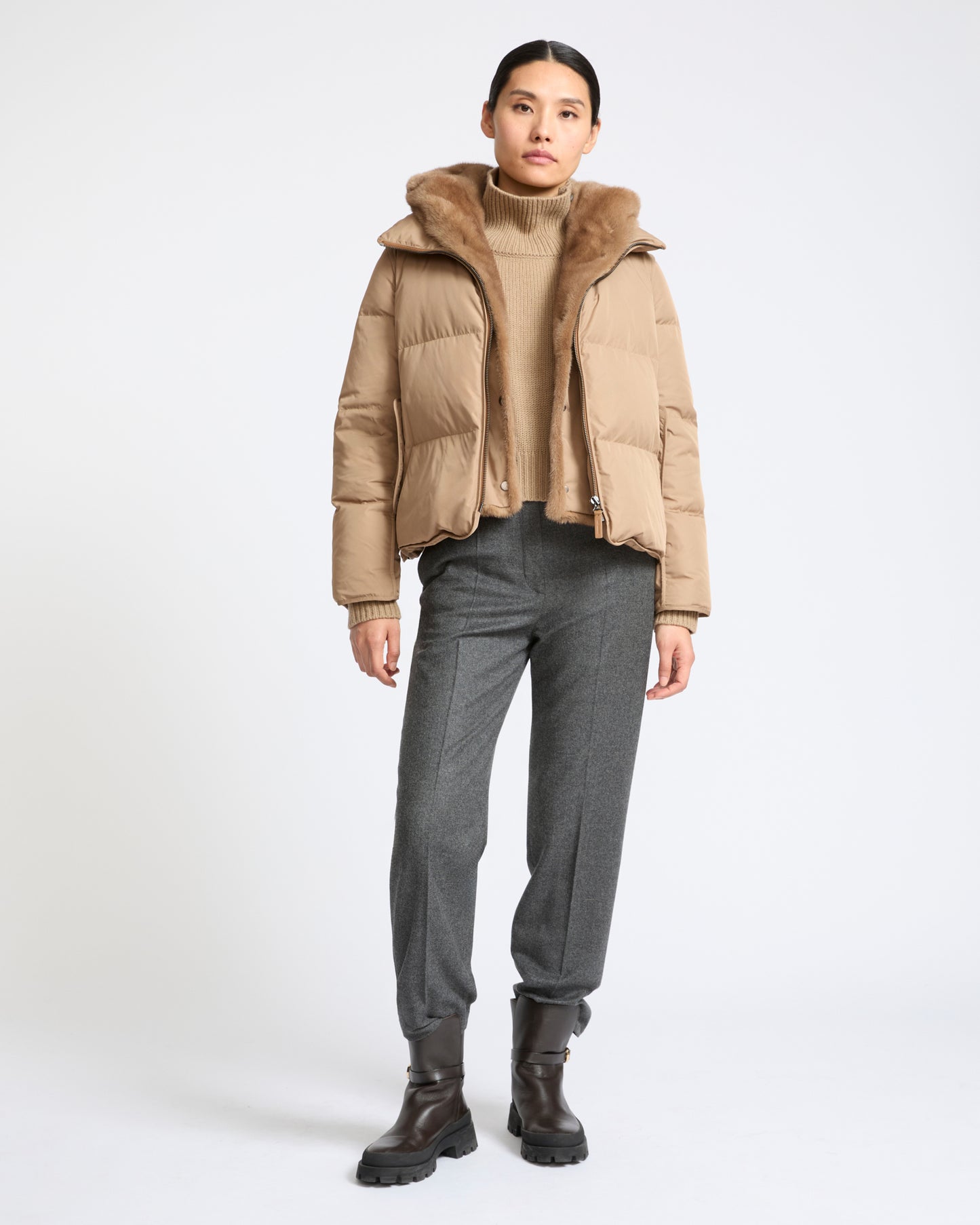 Iconic "A" line down jacket with mink fur hooded bib - Yves Salomon - New Fall Winter Collection
