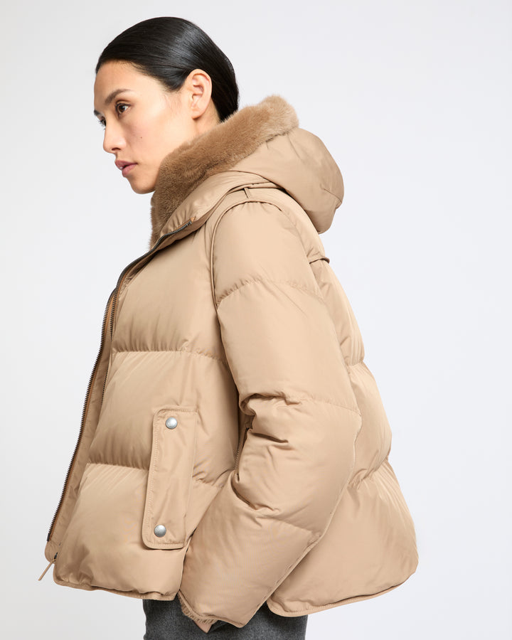 Iconic "A" line down jacket with mink fur hooded bib - Yves Salomon - New Fall Winter Collection