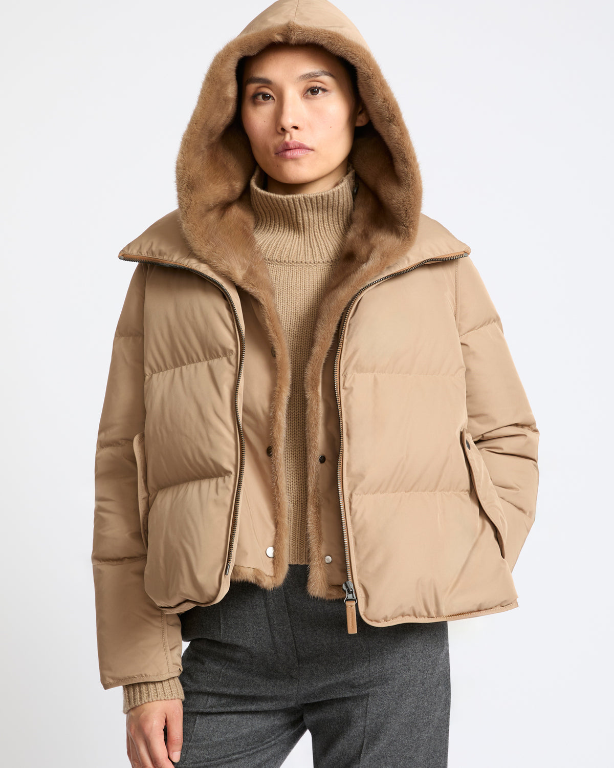 Iconic "A" line down jacket with mink fur hooded bib - Yves Salomon - New Fall Winter Collection
