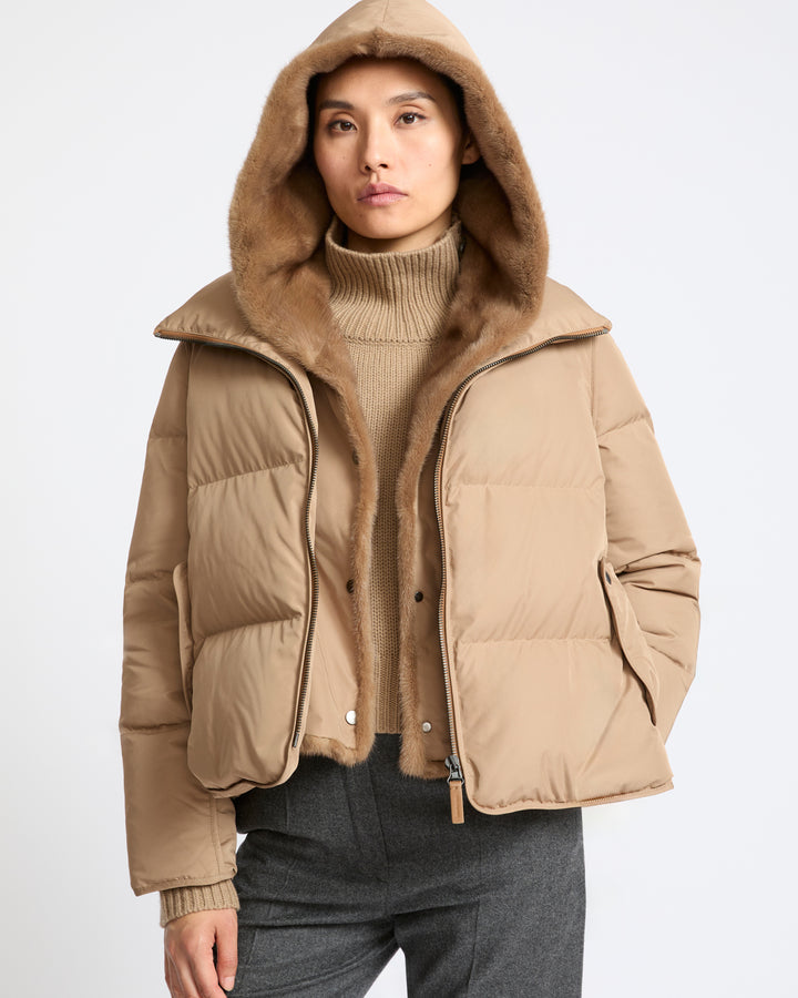Iconic "A" line down jacket with mink fur hooded bib - Yves Salomon - New Fall Winter Collection