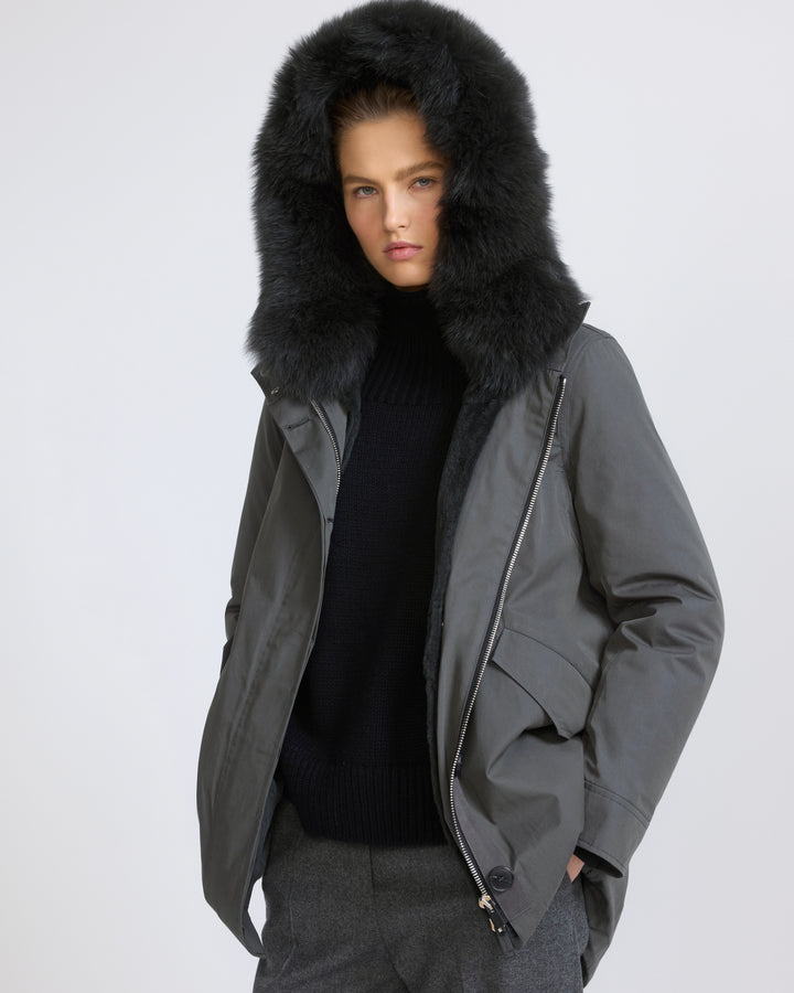 Short Iconic parka in waterproof cotton blend with fox and rabbit fur - Yves Salomon - New Fall/Winter Collection