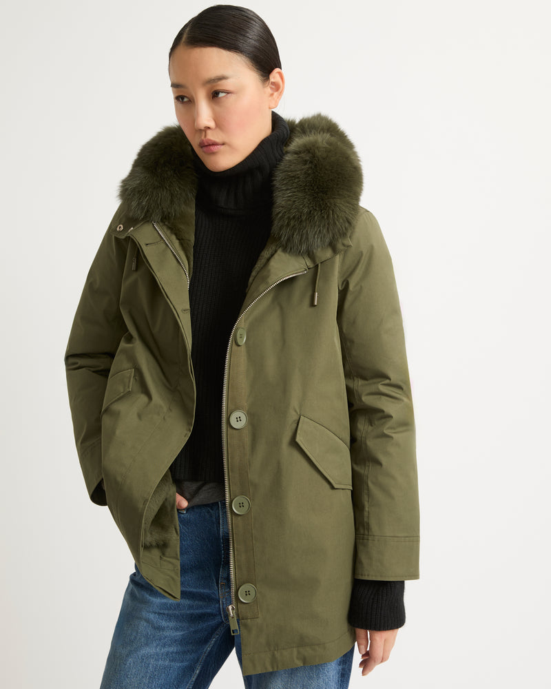 Short parka in waterproof cotton blend with fox and rabbit fur