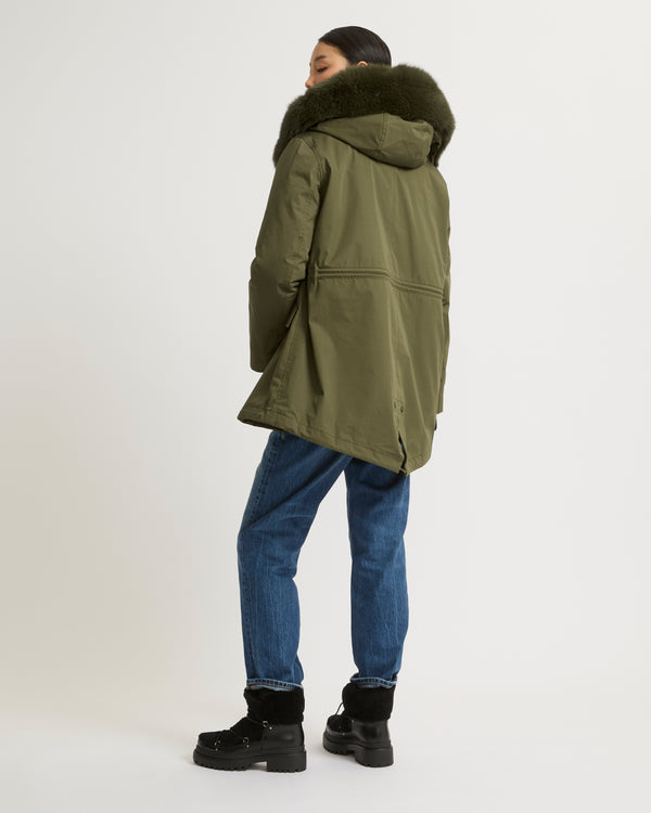 Short parka in waterproof cotton blend with fox and rabbit fur