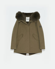 Short parka in waterproof cotton blend with fox and rabbit fur