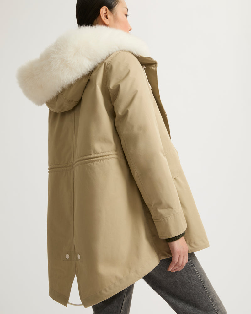 Short parka in waterproof cotton blend with fox and rabbit fur - beige - Yves Salomon