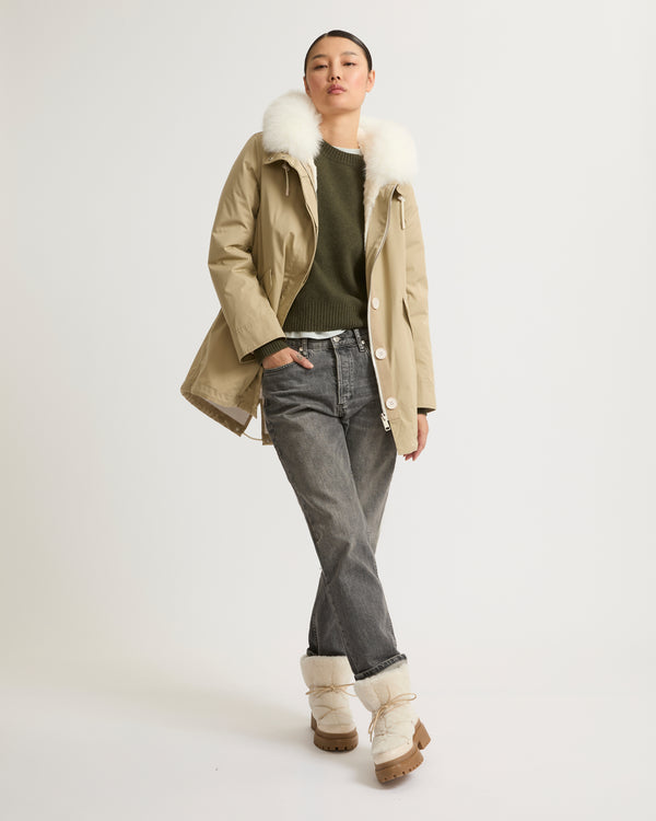 Short parka in waterproof cotton blend with fox and rabbit fur - beige - Yves Salomon