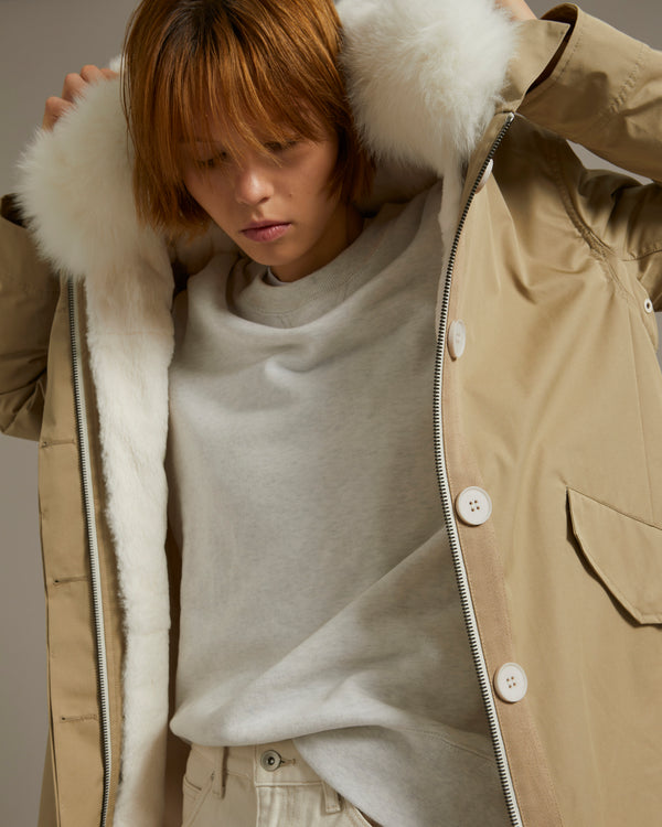 Short parka in waterproof cotton blend with fox and rabbit fur