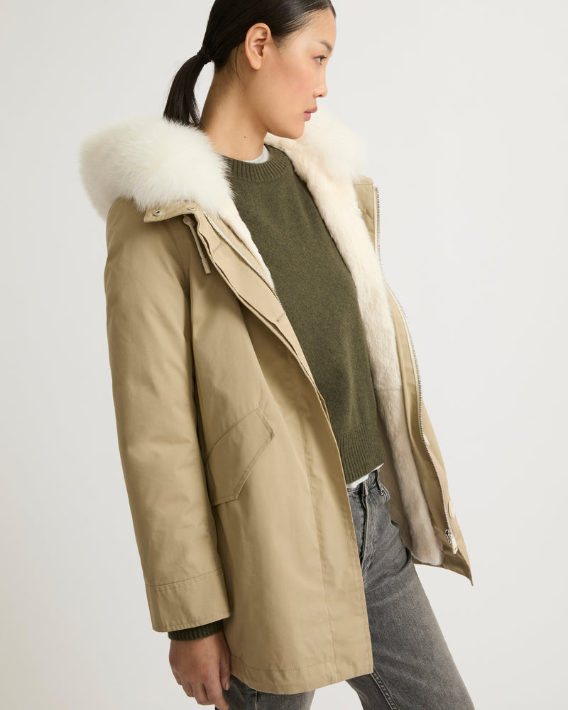 Short parka in waterproof cotton blend with fox and rabbit fur - beige - Yves Salomon