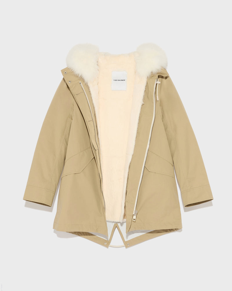 Short parka in waterproof cotton blend with fox and rabbit fur - beige - Yves Salomon