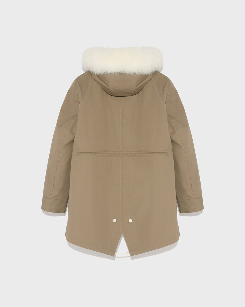 Short parka in waterproof cotton blend with fox and rabbit fur