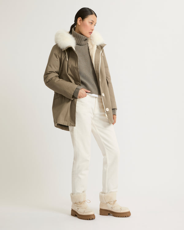 Short parka in waterproof cotton blend with fox and rabbit fur - light beige - Yves Salomon