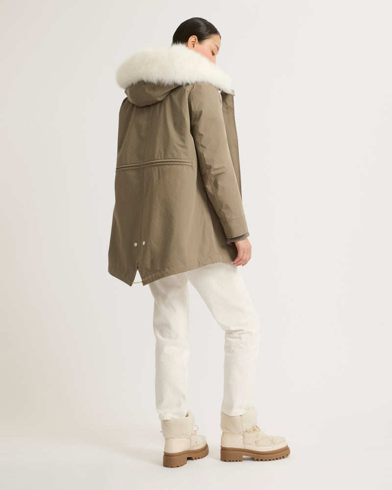 Short parka in waterproof cotton blend with fox and rabbit fur