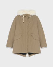 Short parka in waterproof cotton blend with fox and rabbit fur