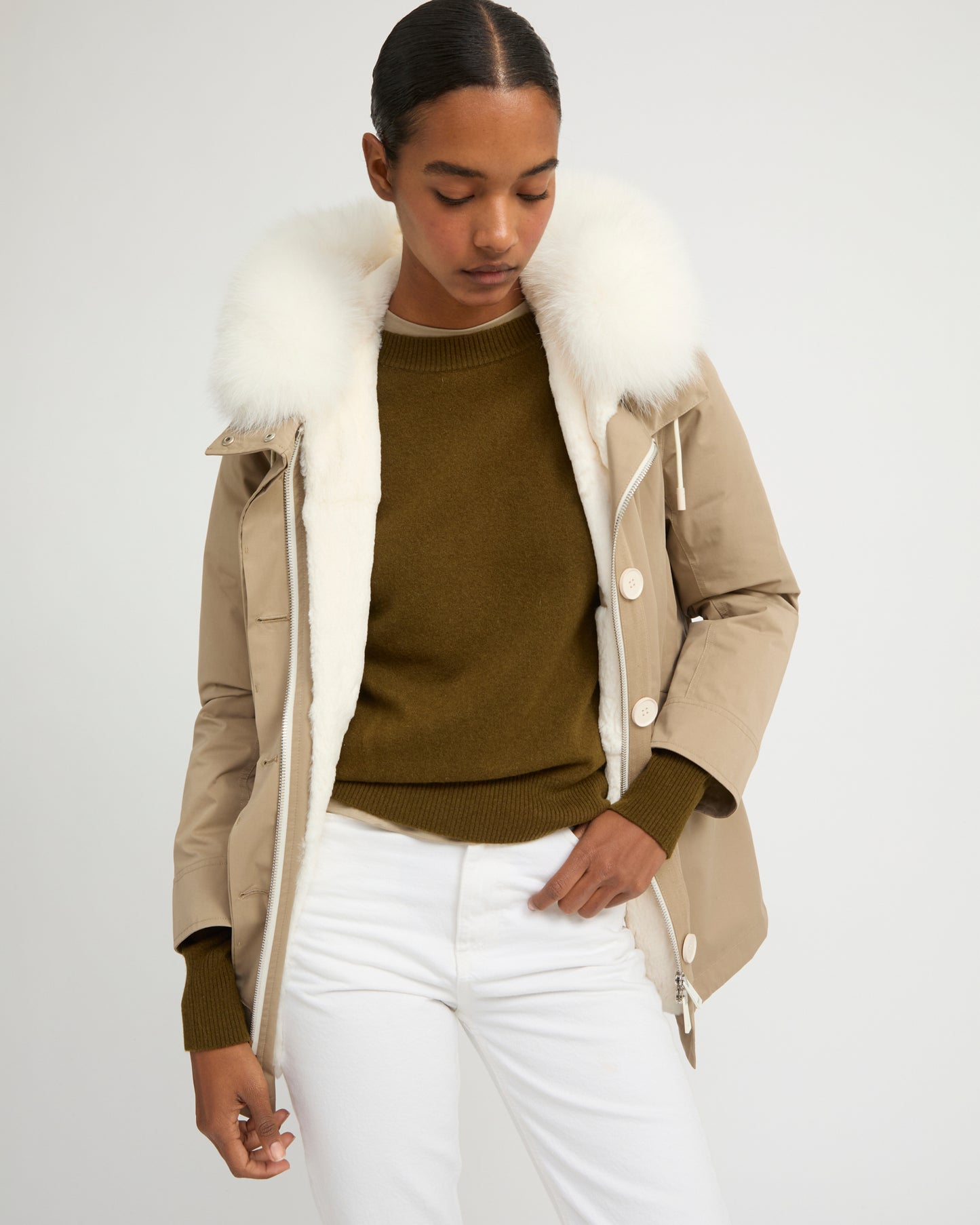 Short Iconic parka in waterproof cotton blend with fox and rabbit fur - Yves Salomon