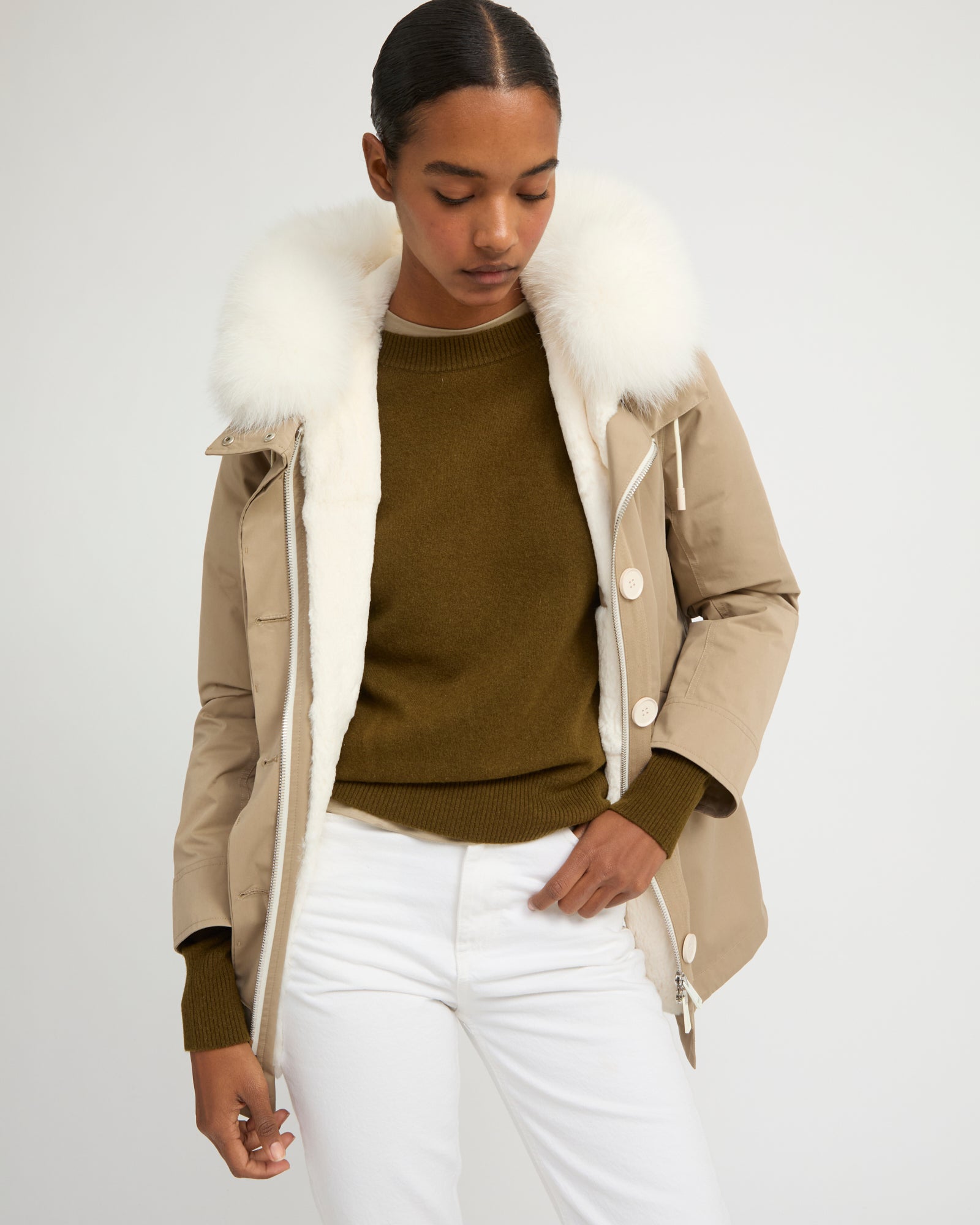 Short Iconic parka in waterproof cotton blend with fox and rabbit fur - Yves Salomon