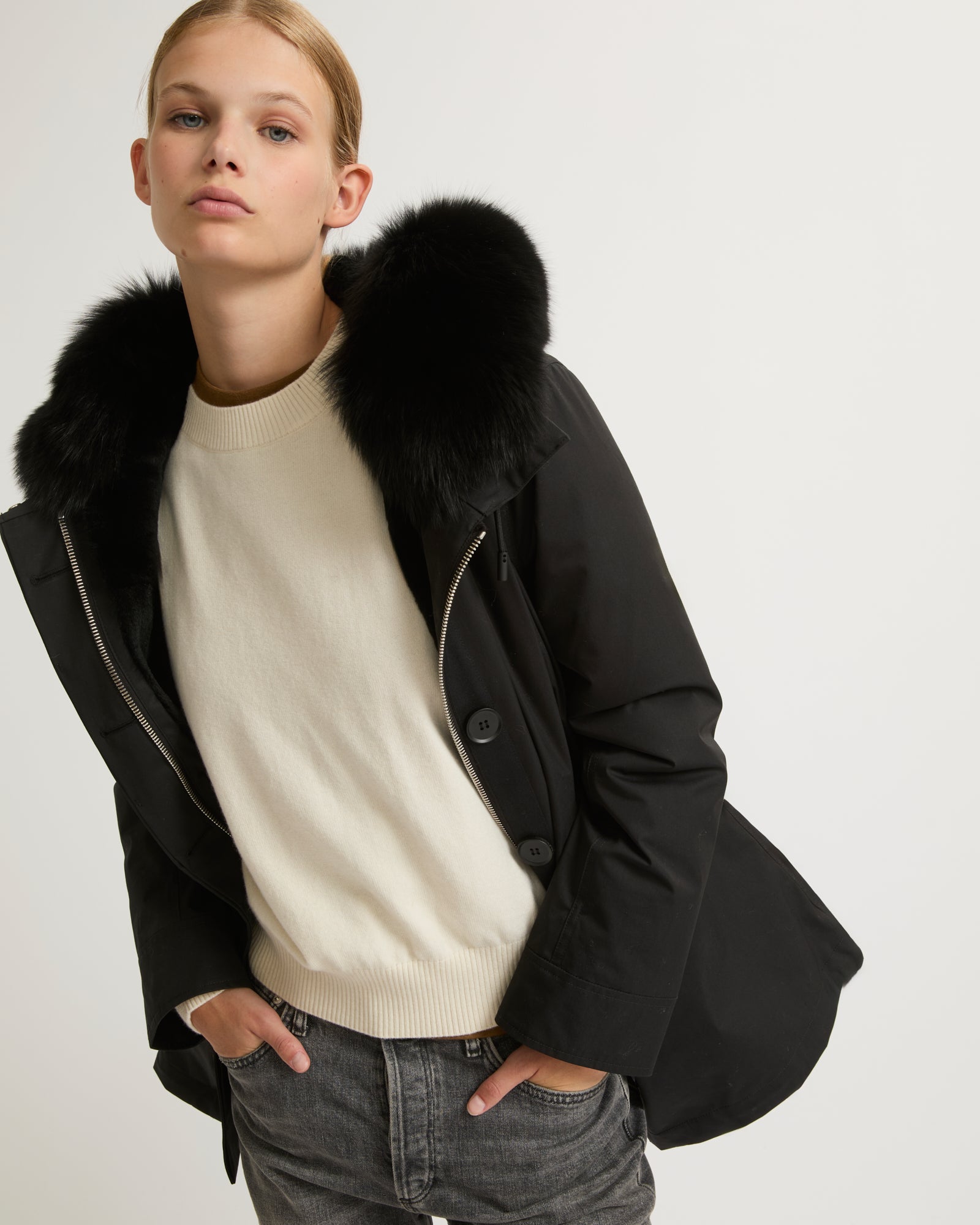 Short parka in waterproof cotton blend with fox and rabbit fur - black -  Yves Salomon – Yves Salomon US