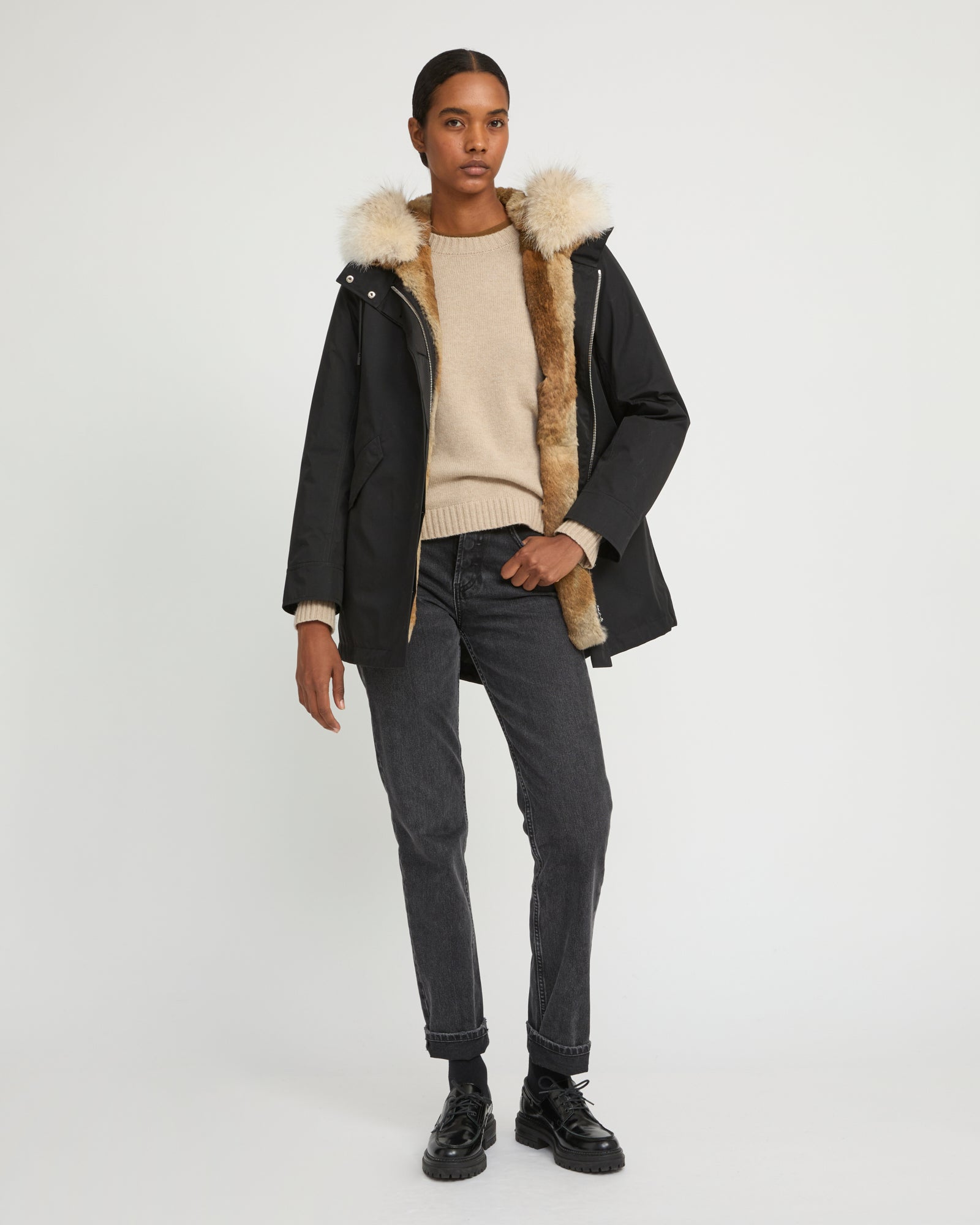 YVES SALOMON　ファージャケット　コヨーテ　ブラック　フランス製　46 Long iconic parka in cotton & fur - black - Yves Salomon Men