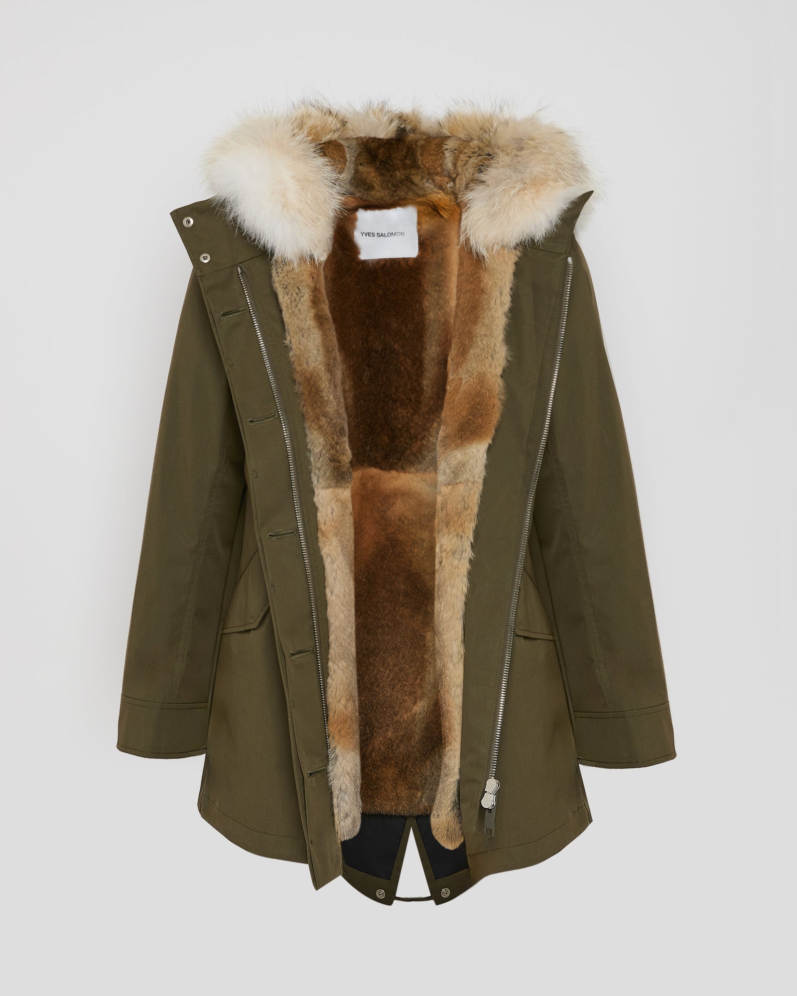 Short parka in technical fabric, rabbit and coyote fur - dark