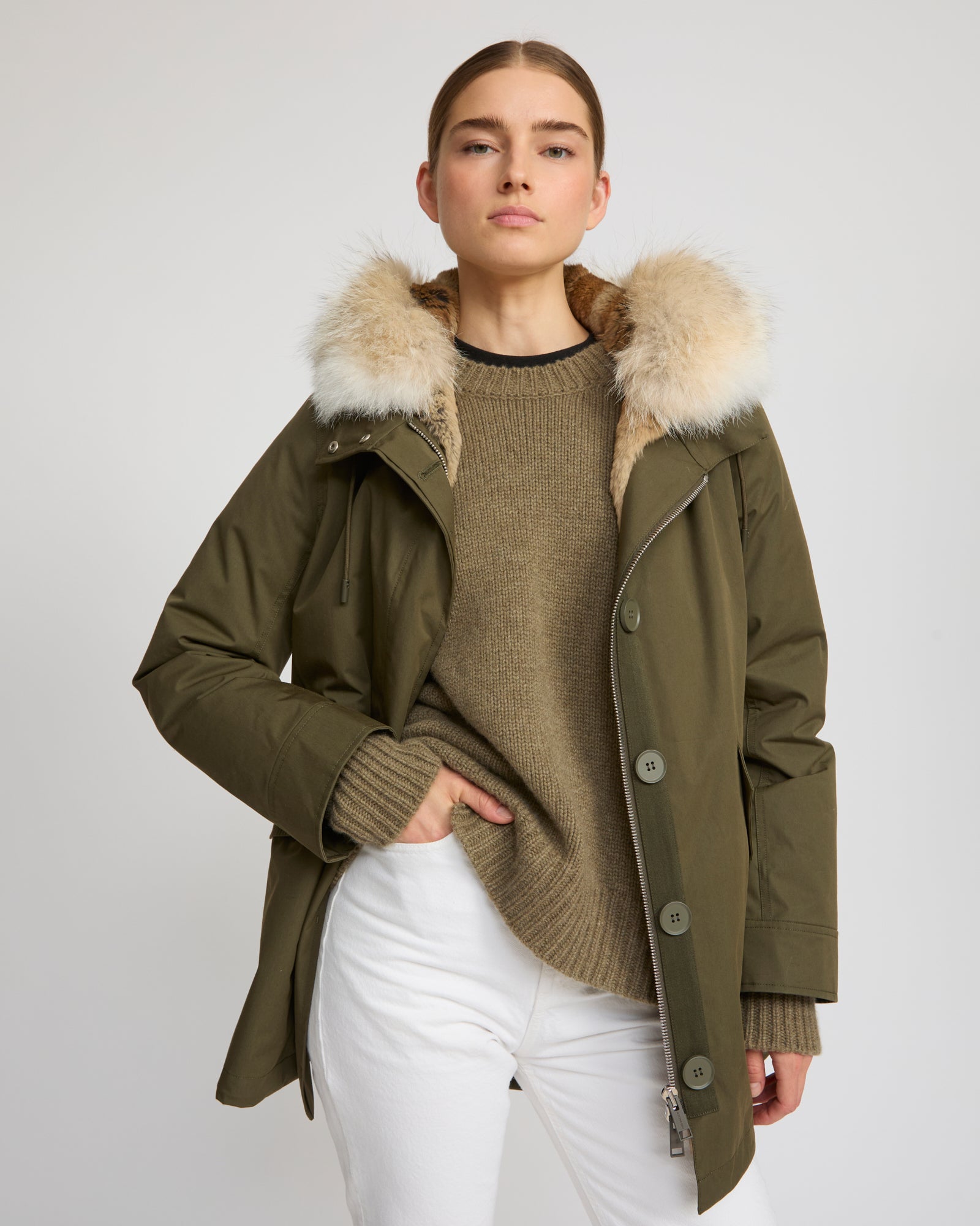 Short parka in technical fabric, rabbit and coyote fur - Yves Salomon