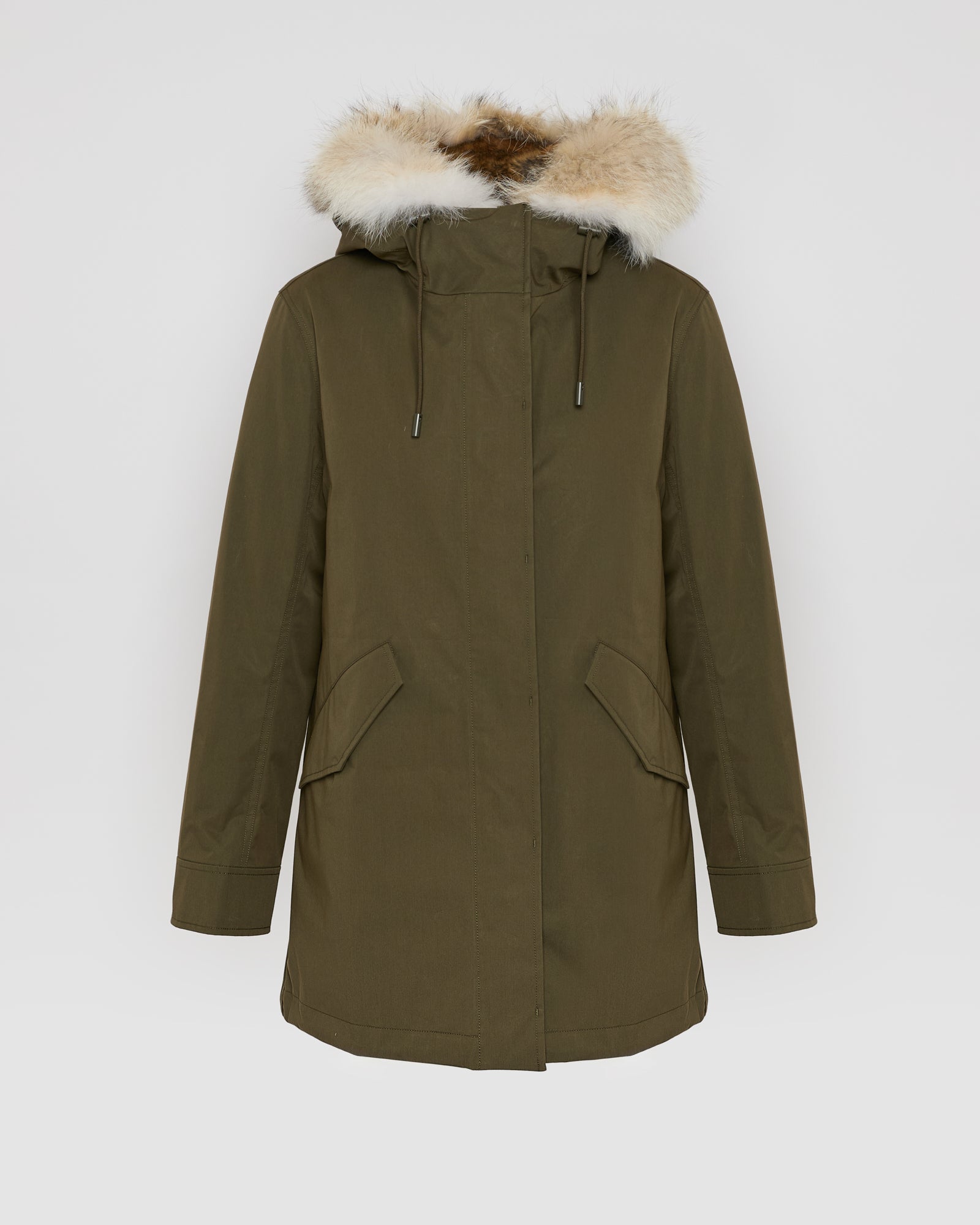 Short parka in technical fabric, rabbit and coyote fur - dark