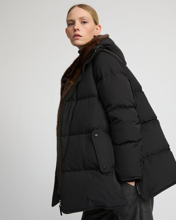 "A" Line puffer jacket in technical fabric and mink fur