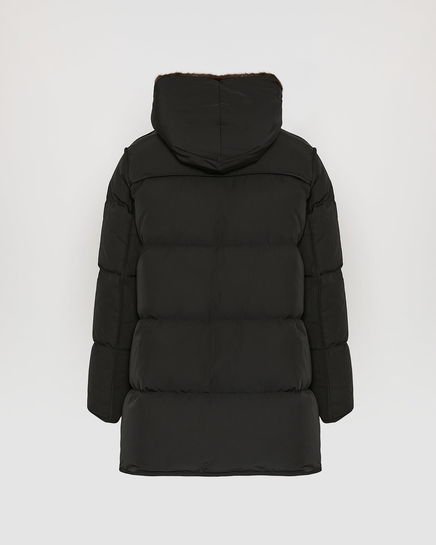 "A" Line puffer jacket in technical fabric and mink fur