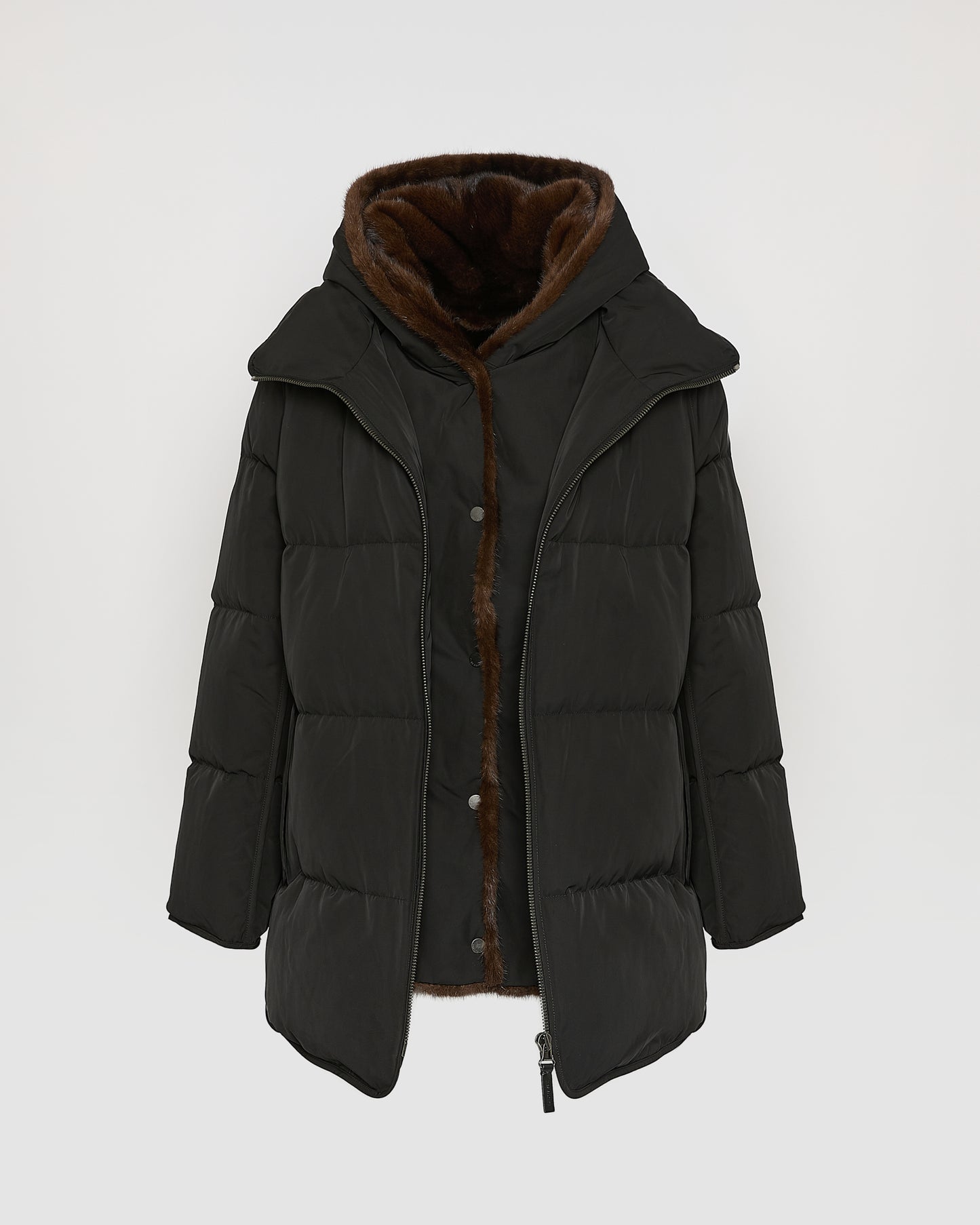 "A" Line puffer jacket in technical fabric and mink fur
