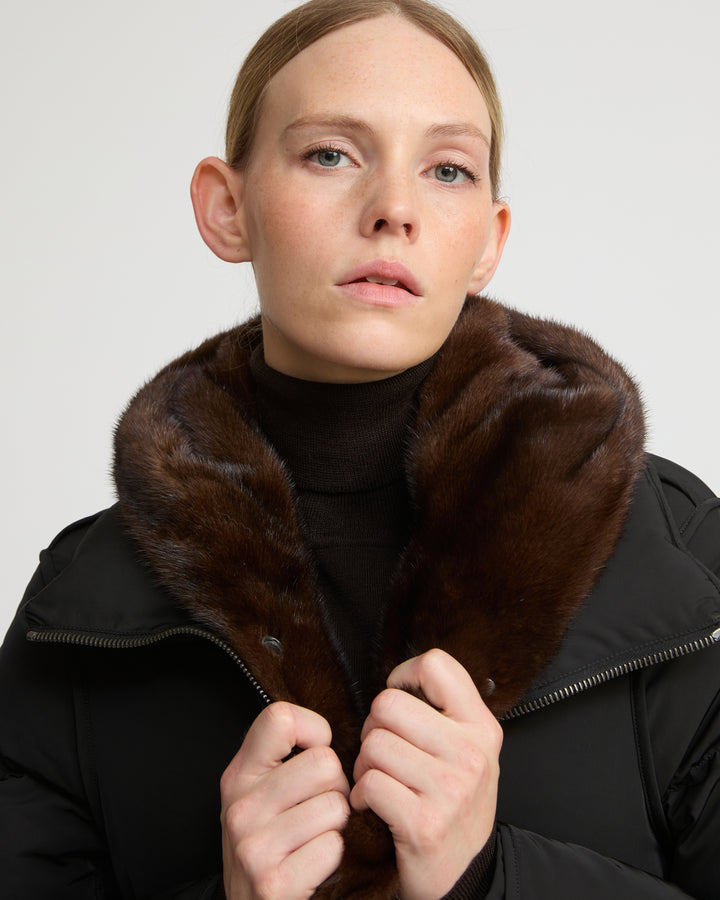 "A" Line puffer jacket in technical fabric and mink fur