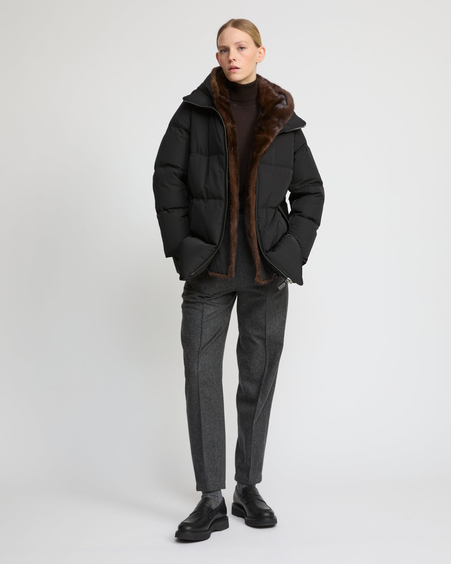 "A" Line puffer jacket in technical fabric and mink fur