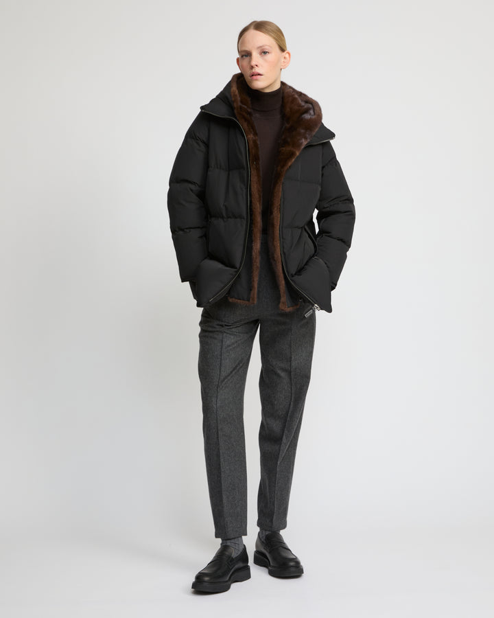 "A" Line puffer jacket in technical fabric and mink fur